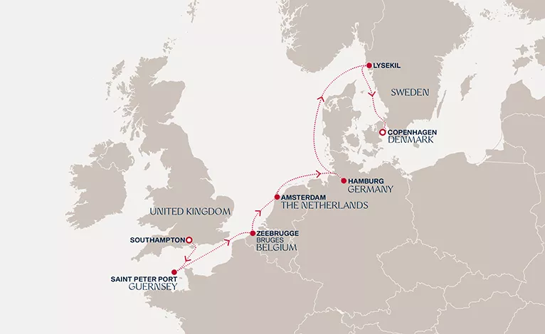 Explora IV August 25-September 2 2028 cruise route map from Southampton to Copenhagen