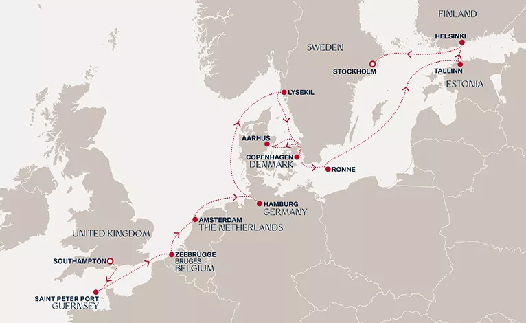 Explora IV August 25-September 9 2028 cruise route map from Southampton to Stockholm