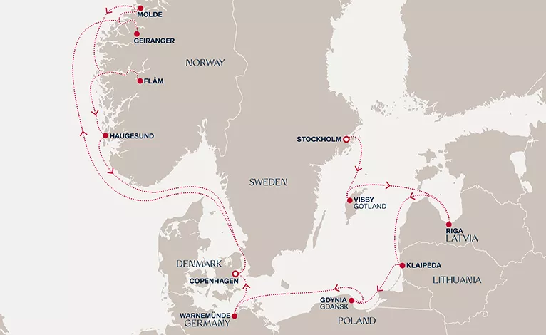 Explora IV September 9-23 2028 cruise route map from Stockholm to Copenhagen