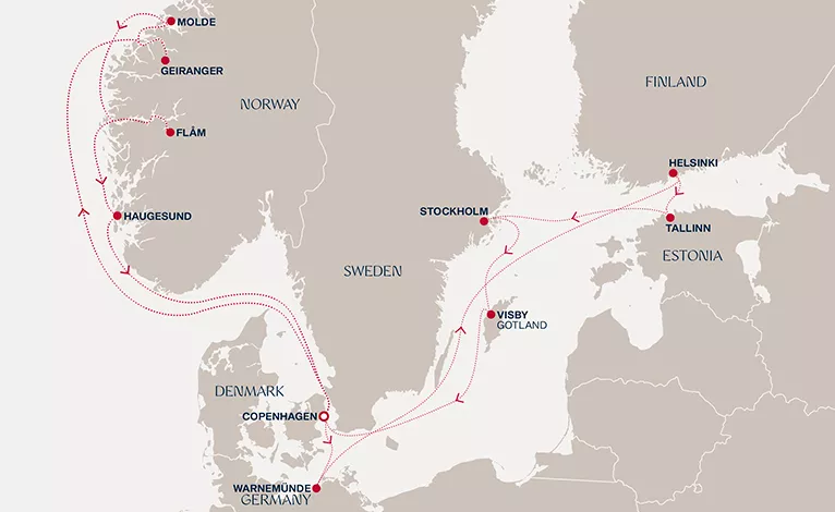 Explora IV September 16-30 2028 cruise route map from Copenhagen to Copenhagen
