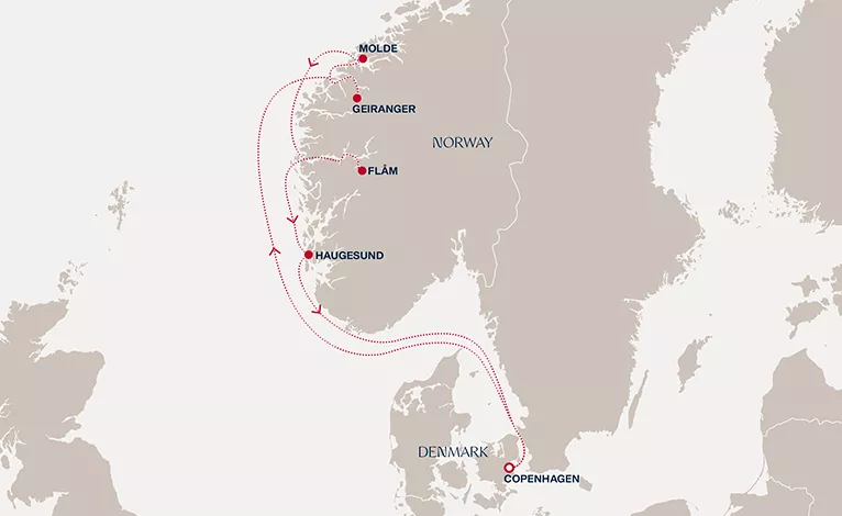 Explora IV September 16-23 2028 cruise route map from Copenhagen to Copenhagen