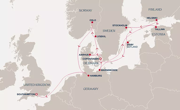Explora IV September 23-October 7 2028 cruise route map from Copenhagen to Southampton