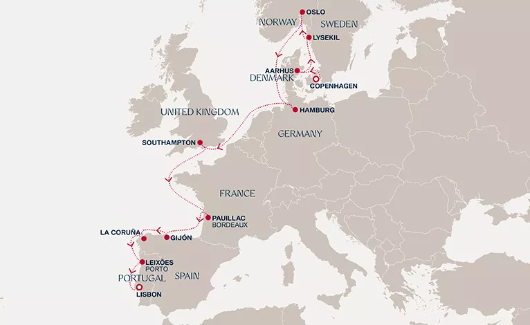 Explora IV September 30-October 14 2028 cruise route map from Copenhagen to Lisbon