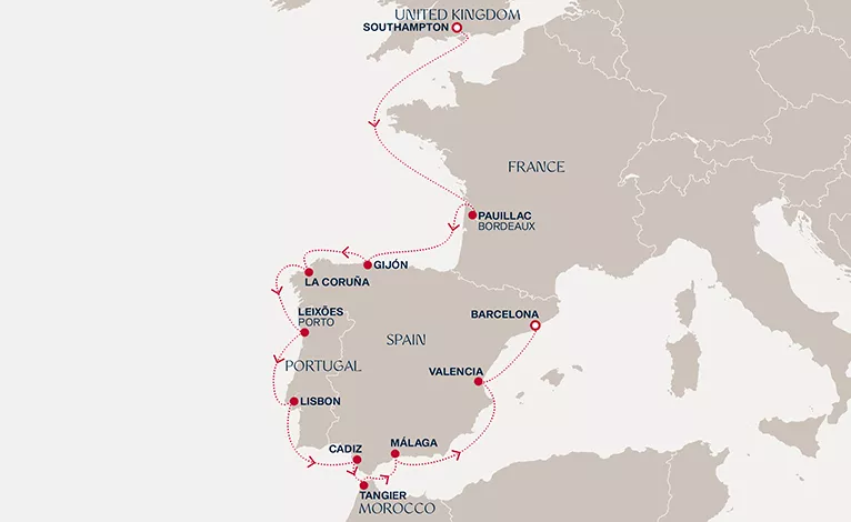 Explora IV October 7-21 2028 cruise route map from Southampton to Barcelona