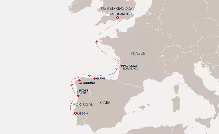 Explora IV October 7-14 2028 cruise route map from Southampton to Lisbon