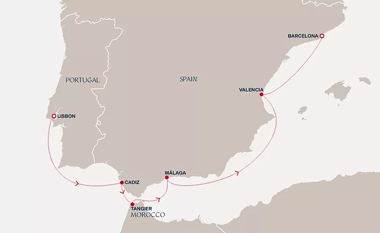 Explora IV October 14-21 2028 cruise route map from Lisbon to Barcelona