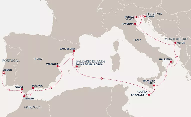 Explora IV October 14-31 2028 cruise route map from Lisbon to Fusina (Venice)