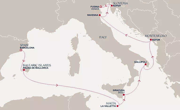 Explora IV October 21-31 2028 cruise route map from Barcelona to Fusina (Venice)