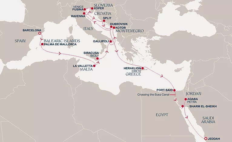 Explora IV October 21-November 11 2028 cruise route map from Barcelona to Jeddah