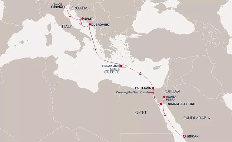 Explora IV October 31-November 11 2028 cruise route map from Fusina (Venice) to Jeddah