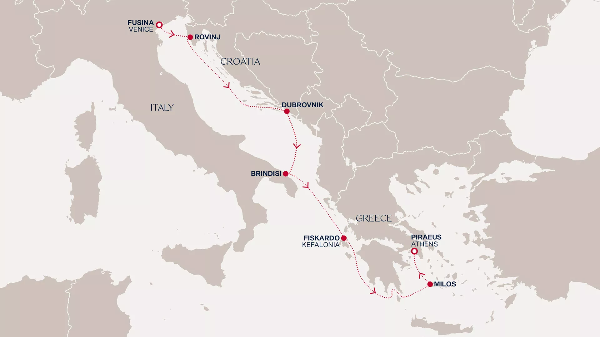 Explora II August 10-17 2026 cruise route map from Fusina (Venice) to Piraeus (Athens)