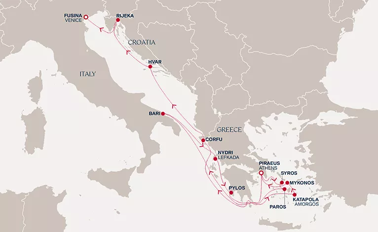 Explora II August 17-31 2026 cruise route map from Piraeus (Athens) to Fusina (Venice)