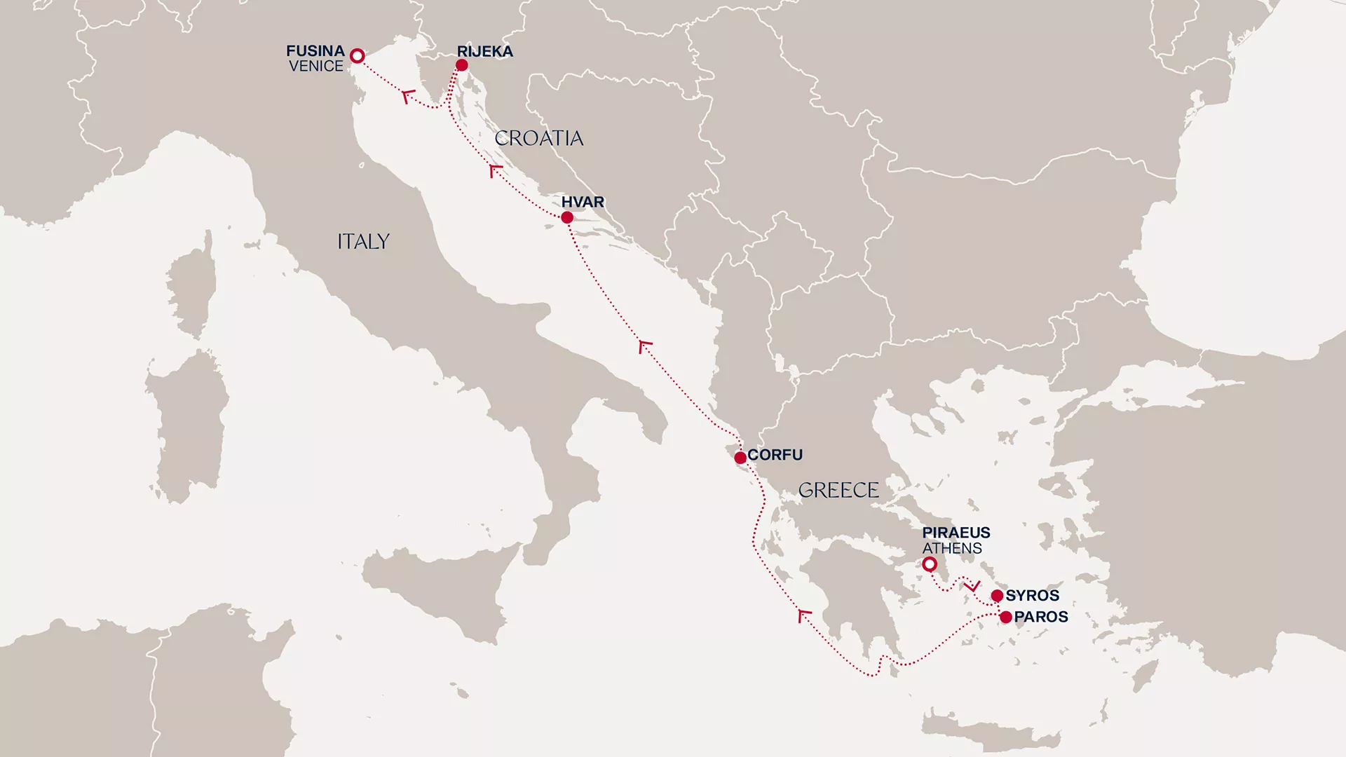 Explora II August 24-31 2026 cruise route map from Piraeus (Athens) to Fusina (Venice)