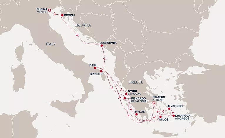Explora II August 31-September 14 2026 cruise route map from Fusina (Venice) to Piraeus (Athens)