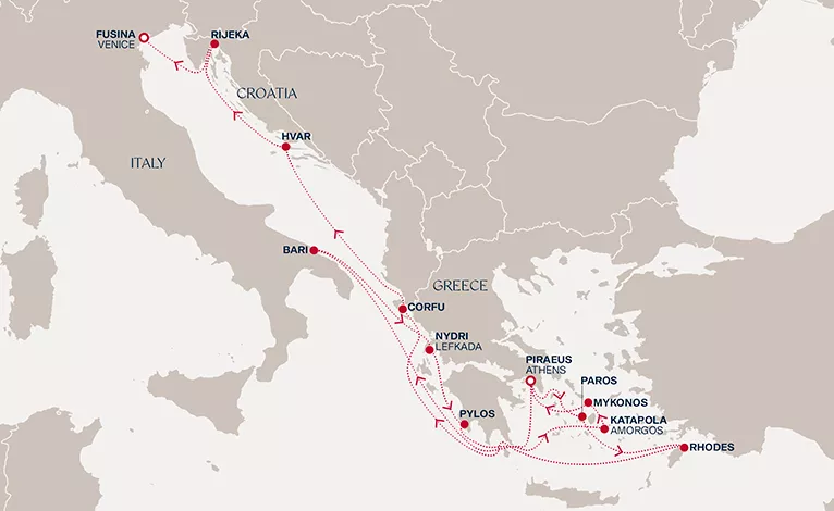 Explora II September 7-21 2026 cruise route map from Piraeus (Athens) to Fusina (Venice)