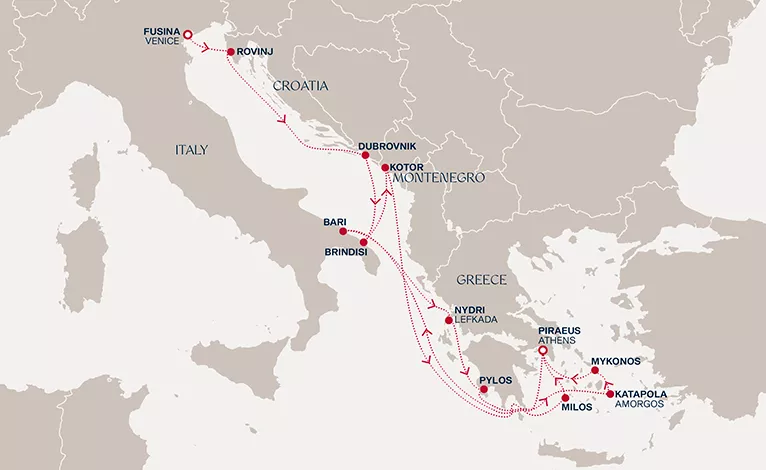 Explora II September 21-October 5 2026 cruise route map from Fusina (Venice) to Piraeus (Athens)