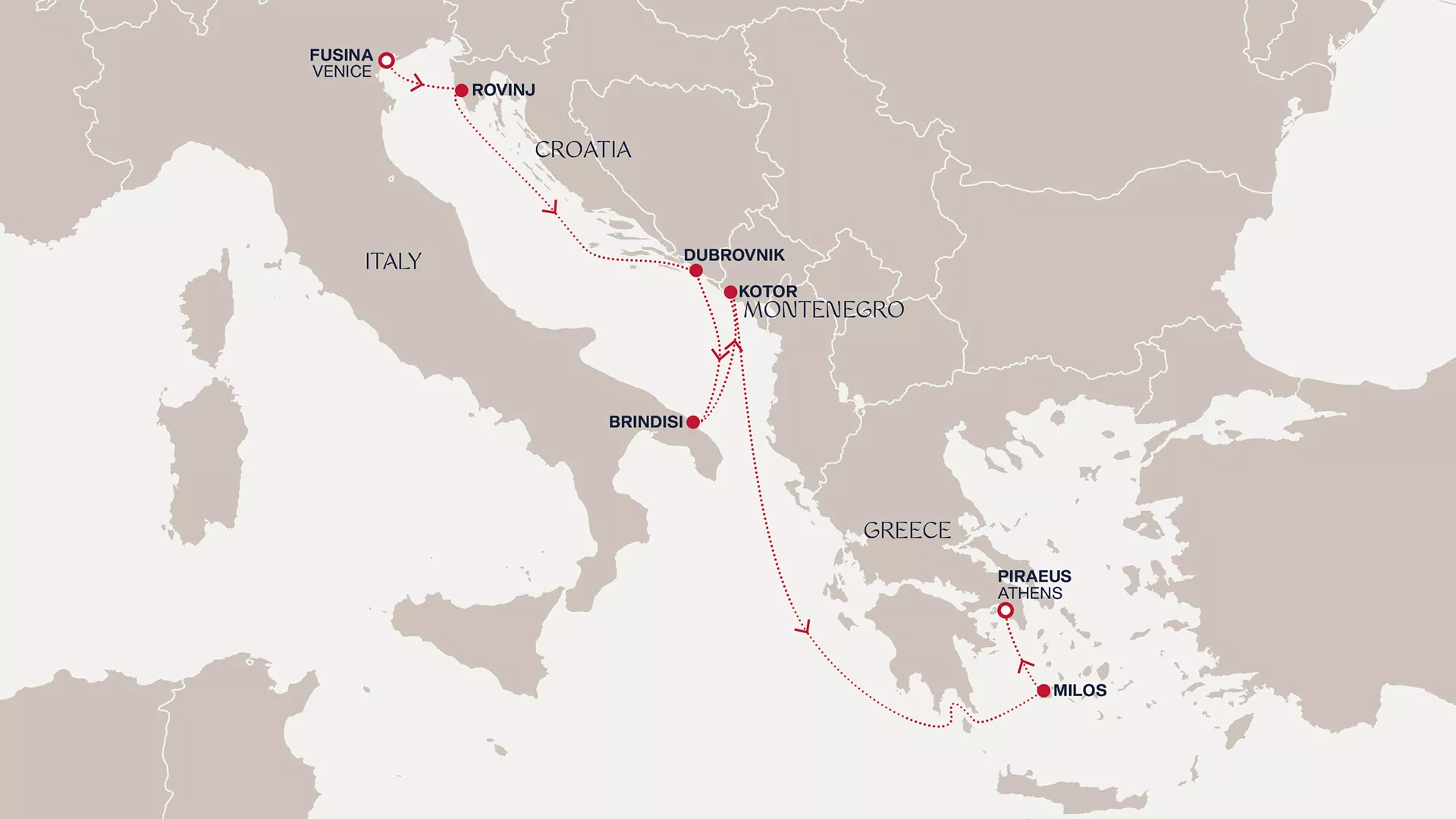 Explora II September 21-28 2026 cruise route map from Fusina (Venice) to Piraeus (Athens)