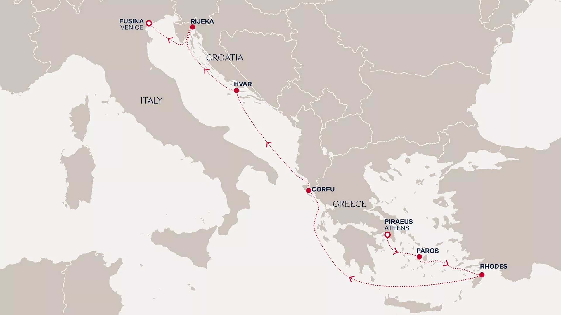 Explora II October 5-12 2026 cruise route map from Piraeus (Athens) to Fusina (Venice)