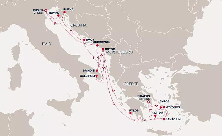 Explora II October 12-29 2026 cruise route map from Fusina (Venice) to Fusina (Venice)