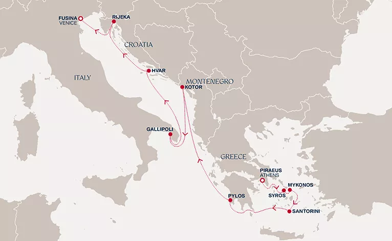 Explora II October 19-29 2026 cruise route map from Piraeus (Athens) to Fusina (Venice)