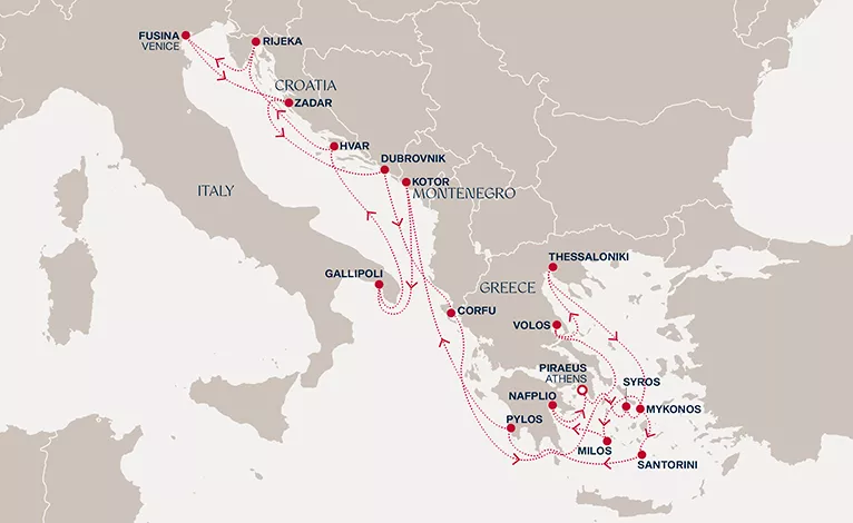 Explora II October 19-November 9 2026 cruise route map from Piraeus (Athens) to Piraeus (Athens)