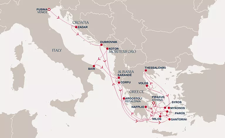 Explora II October 29-November 19 2026 cruise route map from Fusina (Venice) to Piraeus (Athens)