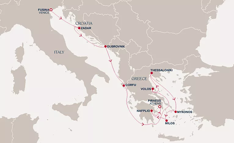 Explora II October 29-November 9 2026 cruise route map from Fusina (Venice) to Piraeus (Athens)