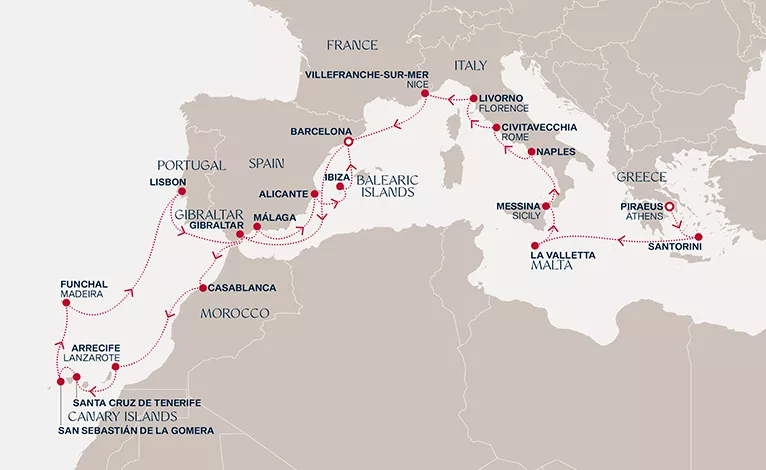 Explora II November 29-December 28 2026 cruise route map from Piraeus (Athens) to Barcelona