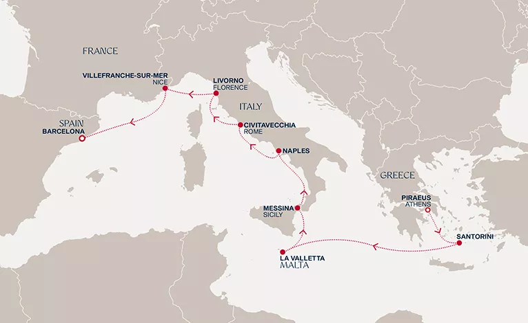 Explora II November 29-December 9 2026 cruise route map from Piraeus (Athens) to Barcelona