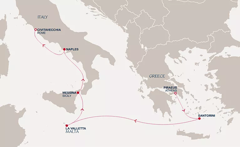 Explora II November 29-December 5 2026 cruise route map from Piraeus (Athens) to Civitavecchia (Rome)