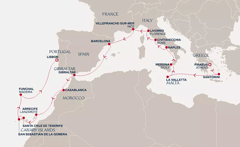 Explora II November 29-December 21 2026 cruise route map from Piraeus (Athens) to Lisbon