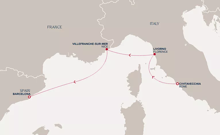 Explora II December 5-9 2026 cruise route map from Civitavecchia (Rome) to Barcelona