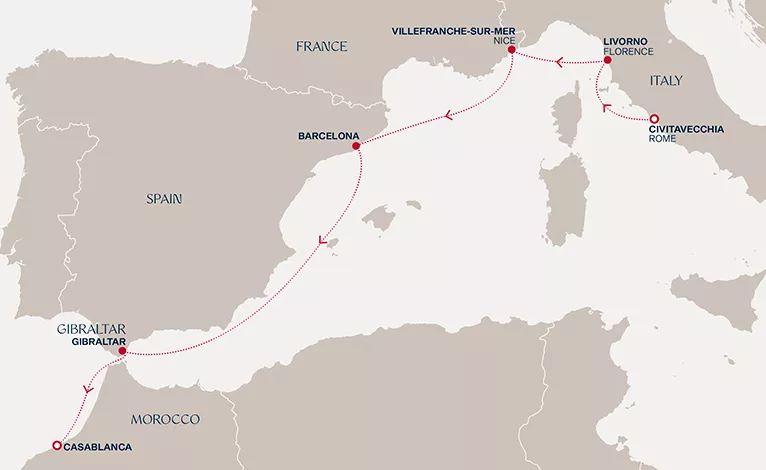 Explora II December 5-13 2026 cruise route map from Civitavecchia (Rome) to Casablanca