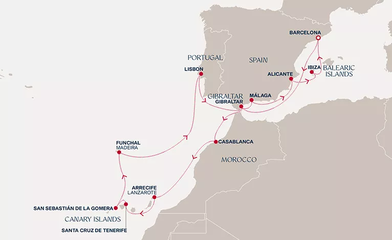 Explora II December 9-28 2026 cruise route map from Barcelona to Barcelona