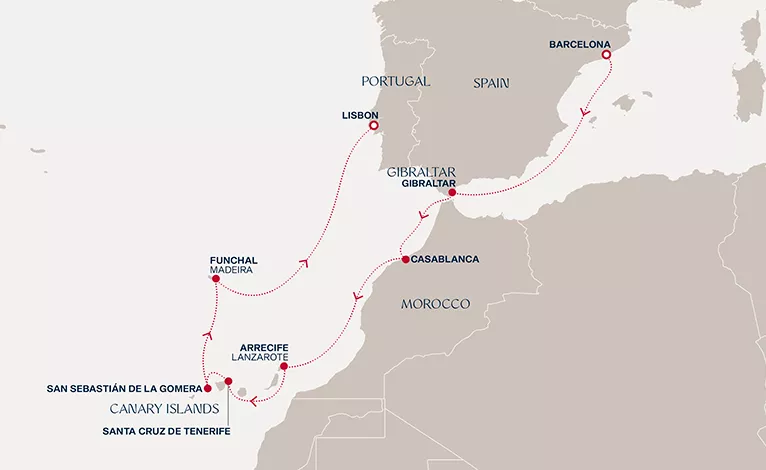Explora II December 9-21 2026 cruise route map from Barcelona to Lisbon