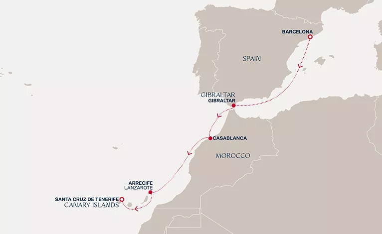 Explora II December 9-16 2026 cruise route map from Barcelona to Santa Cruz de Tenerife