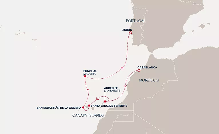 Explora II December 13-21 2026 cruise route map from Casablanca to Lisbon