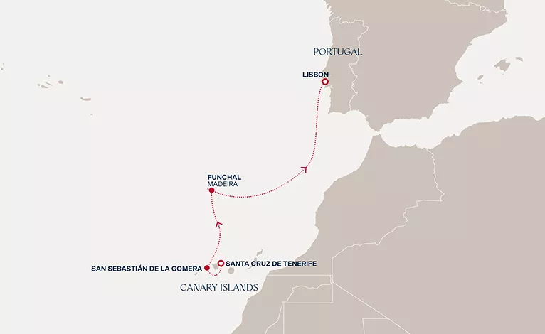 Explora II December 16-21 2026 cruise route map from Santa Cruz de Tenerife to Lisbon