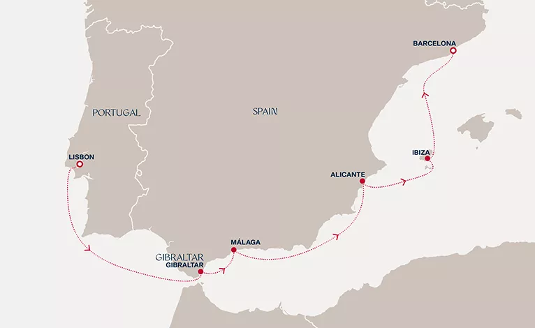 Explora II December 21-28 2026 cruise route map from Lisbon to Barcelona