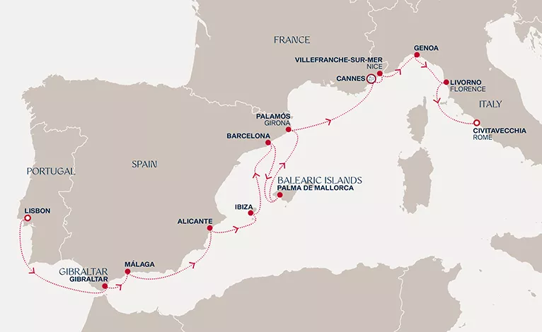 Explora II December 21 2026-January 4 2027 cruise route map from Lisbon to Civitavecchia (Rome)