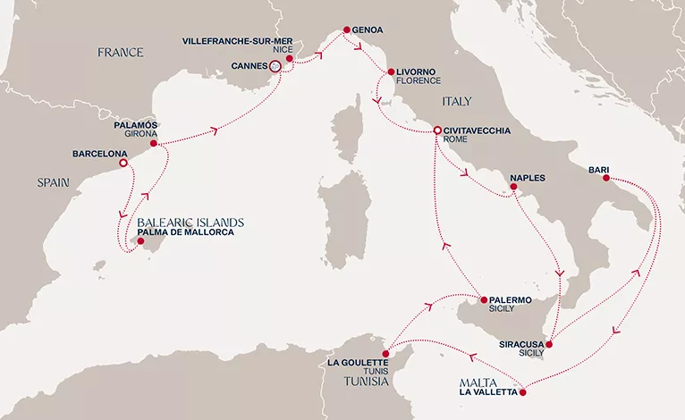 Explora II December 28 2026-January 14 2027 cruise route map from Barcelona to Civitavecchia (Rome)