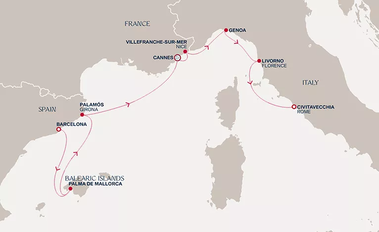Explora II December 28 2026-January 4 2027 cruise route map from Barcelona to Civitavecchia (Rome)