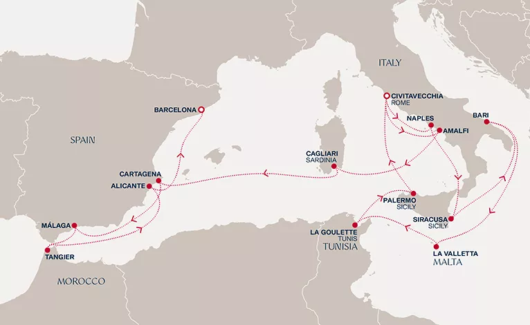 Explora II January 4-24 2027 cruise route map from Civitavecchia (Rome) to Barcelona