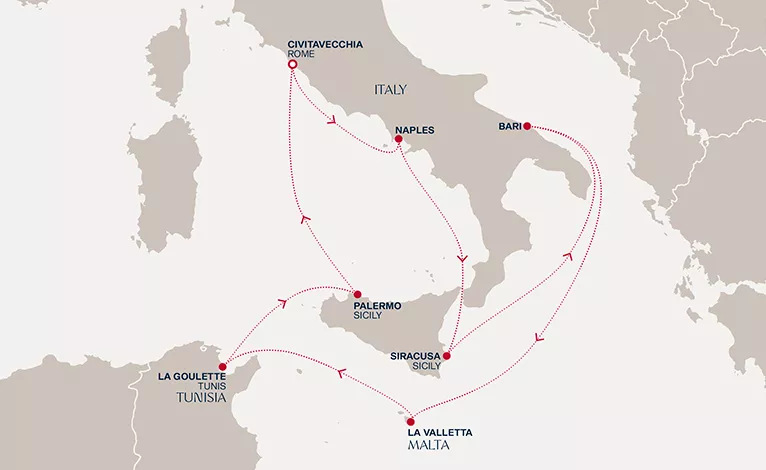Explora II January 4-14 2027 cruise route map from Civitavecchia (Rome) to Civitavecchia (Rome)