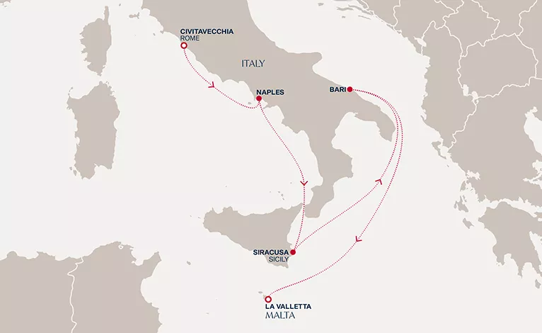 Explora II January 4-10 2027 cruise route map from Civitavecchia (Rome) to La Valletta