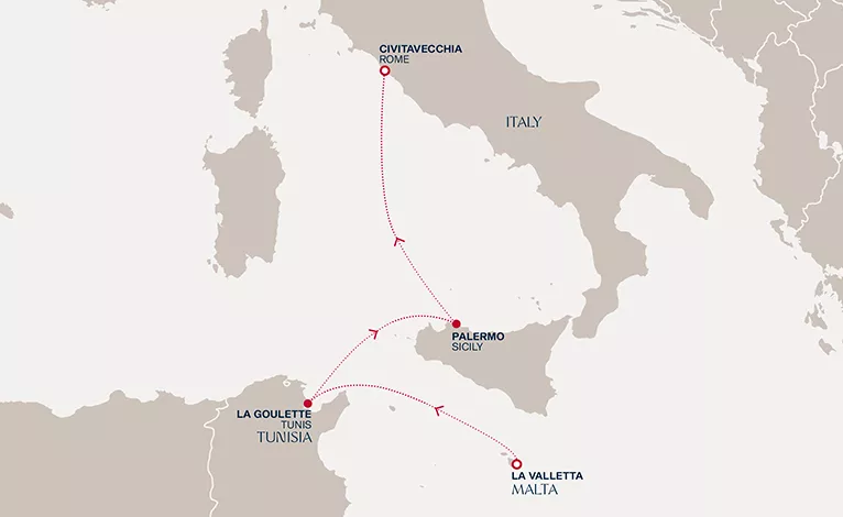 Explora II January 10-14 2027 cruise route map from La Valletta to Civitavecchia (Rome)