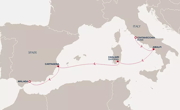 Explora II January 14-20 2027 cruise route map from Civitavecchia (Rome) to Málaga
