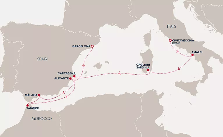 Explora II January 14-24 2027 cruise route map from Civitavecchia (Rome) to Barcelona