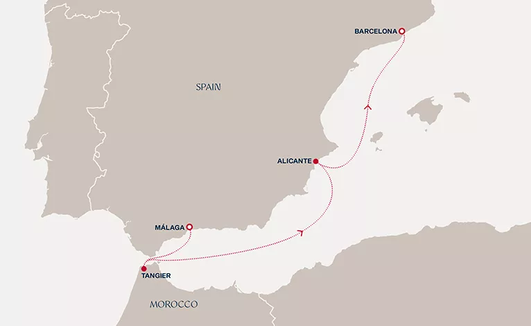 Explora II January 20-24 2027 cruise route map from Málaga to Barcelona