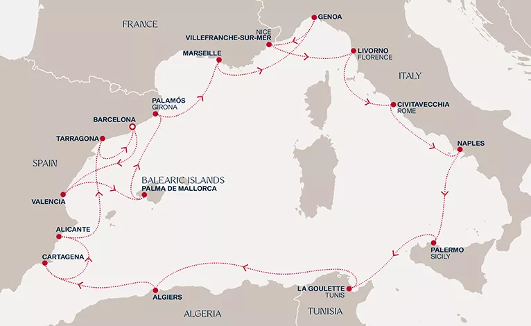 Explora II January 24-February 11 2027 cruise route map from Barcelona to Barcelona